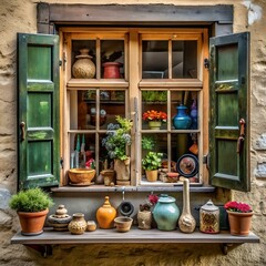A charming window with green shutters. featuring an array of vintage pots. plants. and flowers on a wooden shelf.