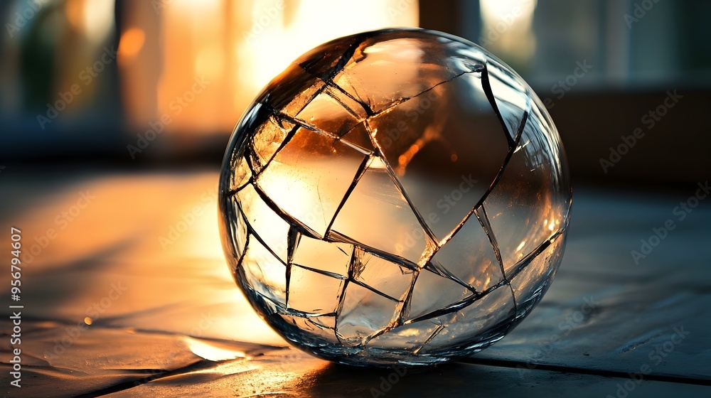 Poster captivating contrast macro photography of a glass vase with a significant fracture highlighting the 