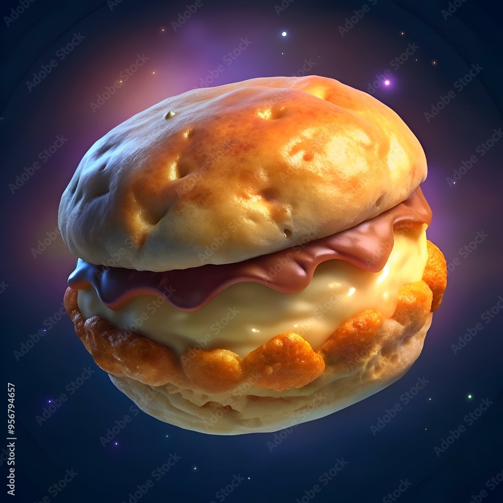 Poster a 3d rendered image of a delicious. gooey scone with a chocolate and custard filling. perfect for us