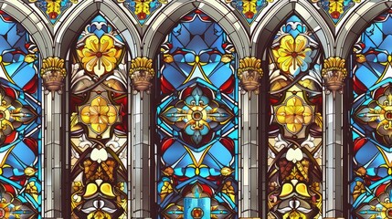 A seamless pattern background of stained glass windows with traditional religious imagery in a vivid color palette of blues, golds, and reds.