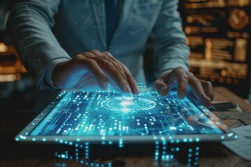 Naklejka premium Businessman uses digital tablets with holograms about the future of business growth and technology.