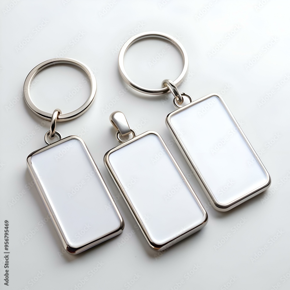 Poster three blank metal keychains with a rectangular space for customization.