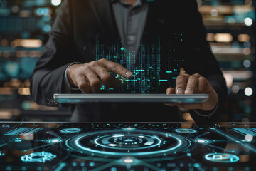Businessman uses digital tablets with holograms about the future of business growth and technology.