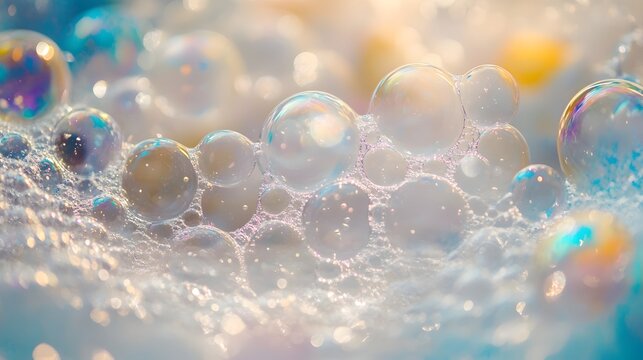Closeup photograph of a bubble machine dispending colorful iridescent soap suds that are collecting and forming a frothy whimsical display at the base of the machine  The bubbles have a glossy