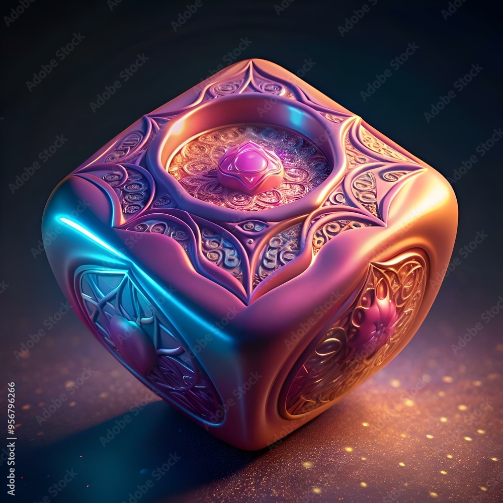 Poster a mesmerizing 3d illustration of a cube adorned with intricate. ornate patterns.
