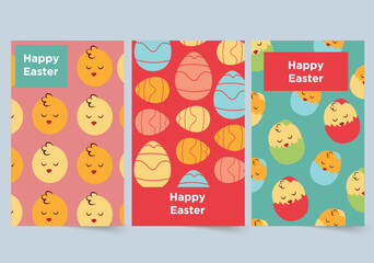Easter compositions concept in the flat cartoon design. Three charming Easter cards, each with a unique design, a cards with sleeping chickens, a card with colorful Easter eggs. Vector illustration.