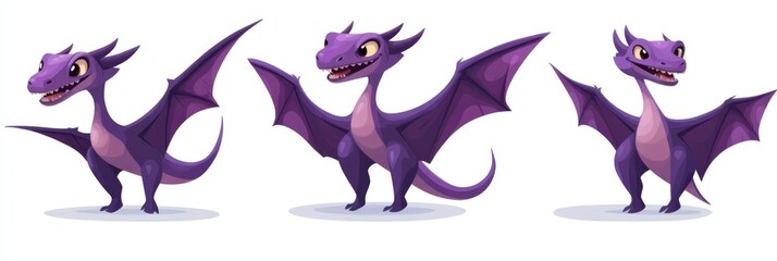 Cute purple cartoon pterodactyl trio in doodle style on white background