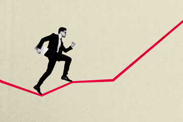 Poster banner image collage of businessman run fast up success on pastel color background