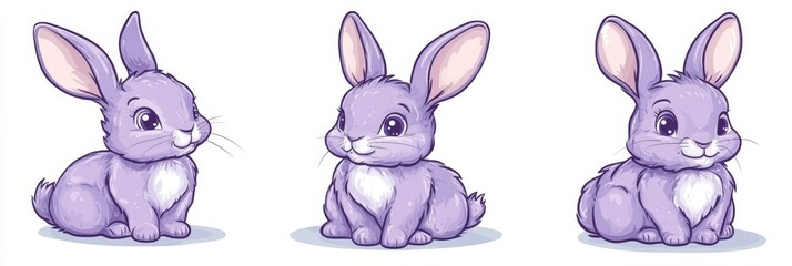 Cute purple cartoon rabbits in doodle style on a white background for playful designs