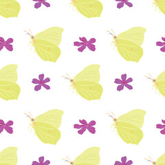 Vector illustration with yellow butterflies and pink flowers