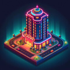 Casino Building Isometric Low Poly Icon with Colorful Neon Elements. Isolated on dark background.