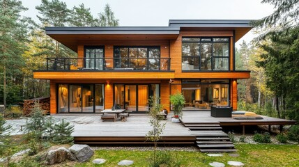 Naklejka premium Beautiful modern wooden house with a loft-style exterior, a terrace, and a sauna, offering luxury and relaxation in a natural setting.