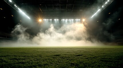 Birdseye view of a stadium in dense fog, illuminated by soft ambient lights, mysterious and ethereal