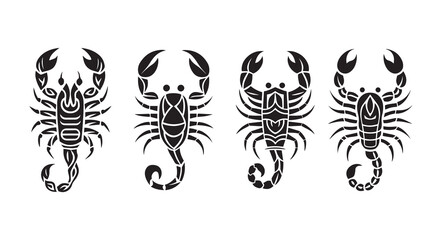 scorpion illustrations, black and white, stylized designs, crustacean artwork, invertebrate animal icons, vector graphics, arthropod symbols, stinger tattoo art, monochrome scorpion silhouettes