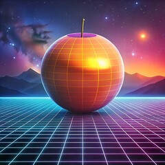 A 3D illustration of a sapodilla fruit rendered in a retro futuristic style.