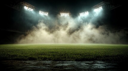 Floodlit stadium with rolling fog across the field, dramatic shadows and highlights, ethereal night scene