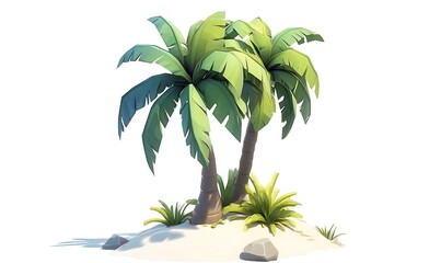 3D cartoon vector palm tree clip art on a white background, high resolution, simple and clean, created in Adobe Illustrator.