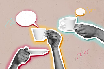 Creative trend collage of hands hold coffee cups break speech bubble talking weird freak bizarre...
