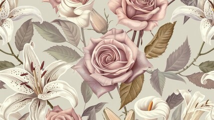 A seamless pattern background featuring detailed vintage botanical illustrations of roses and lilies in muted pastel colors.