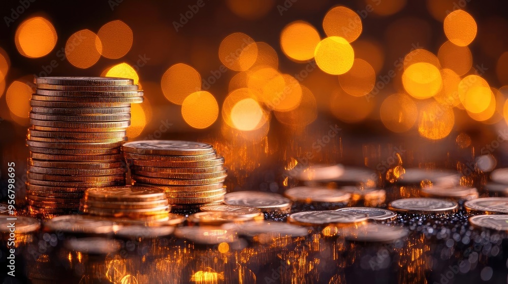 Poster a close-up view of stacked coins with a shimmering bokeh background, symbolizing wealth and investme