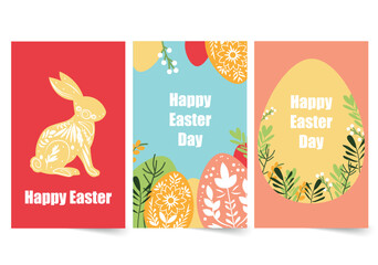Easter patterns concept in the flat cartoon design. Easter greeting cards with colorful illustrations of rabbits, eggs and floral patterns. Vector illustration.
