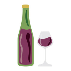 Wine bottle of classic shape, green color. Vector illustration of a glass filled with wine