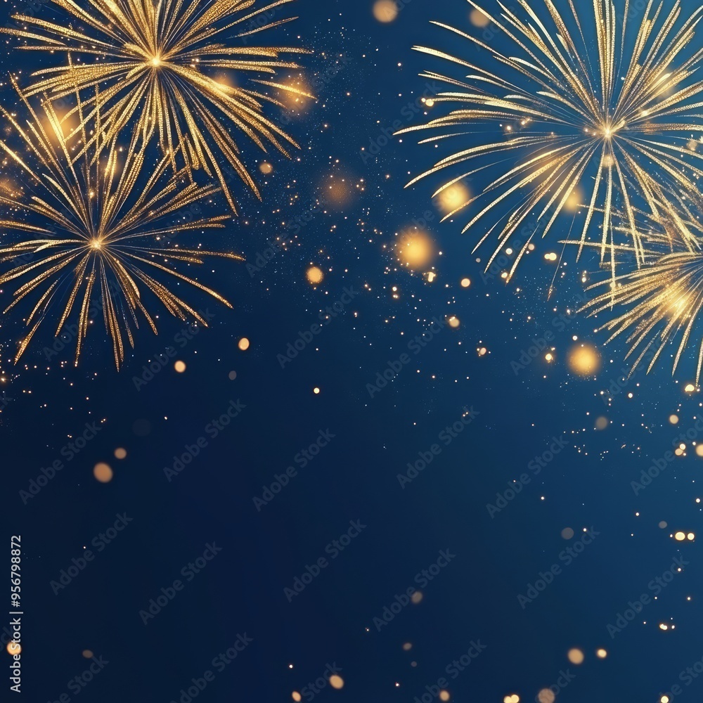 Poster Golden fireworks exploding in a night sky with copy space.