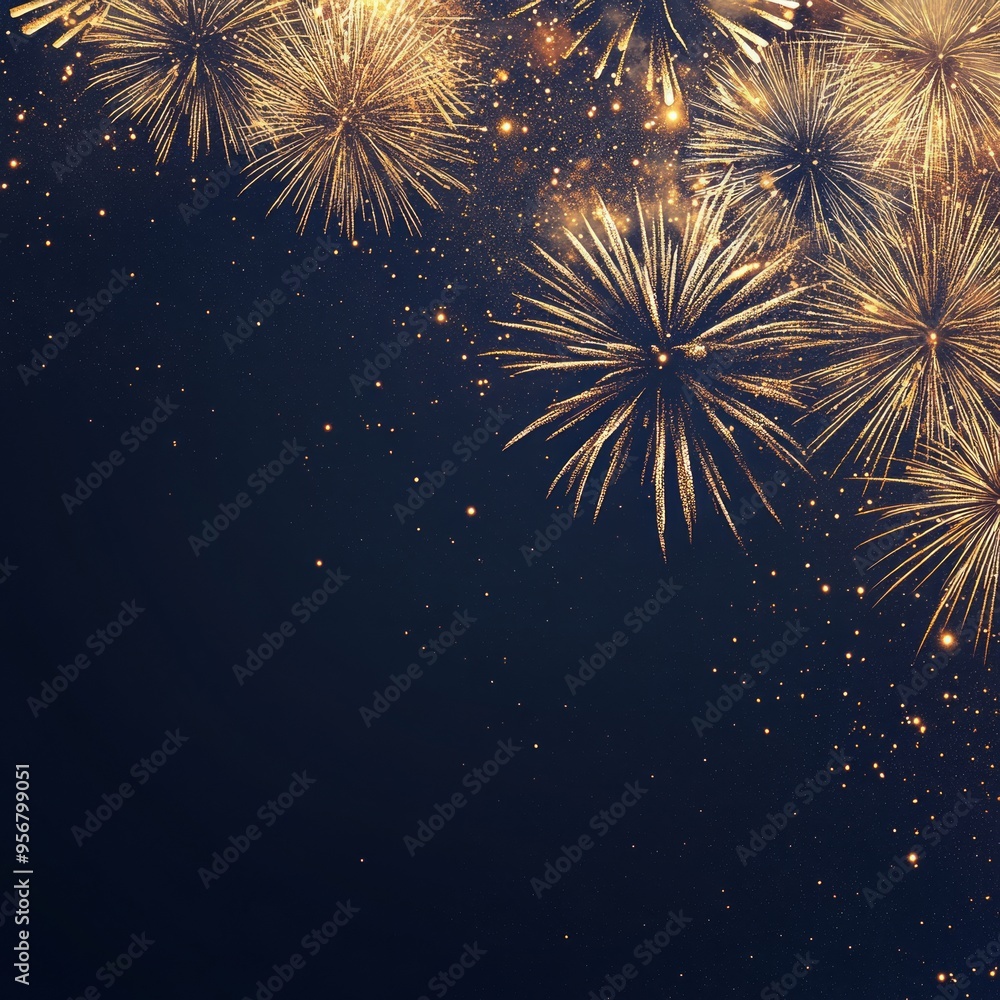 Sticker Golden fireworks exploding in the night sky with a dark blue background and copy space.