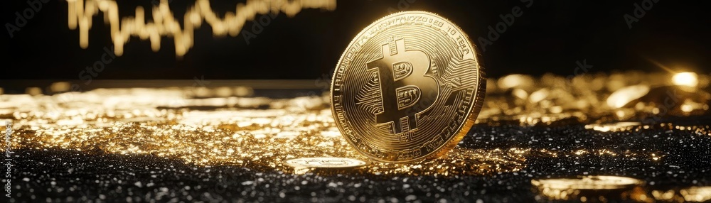 Poster a close-up of a bitcoin coin on sparkling golden background with fluctuating price chart, representi
