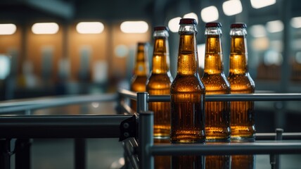Modern beer production line with automated bottling, no human presence