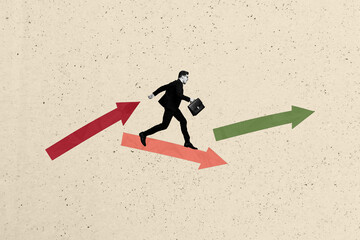 Poster collage image picture of running mini businessman step forward success on arrows pastel background