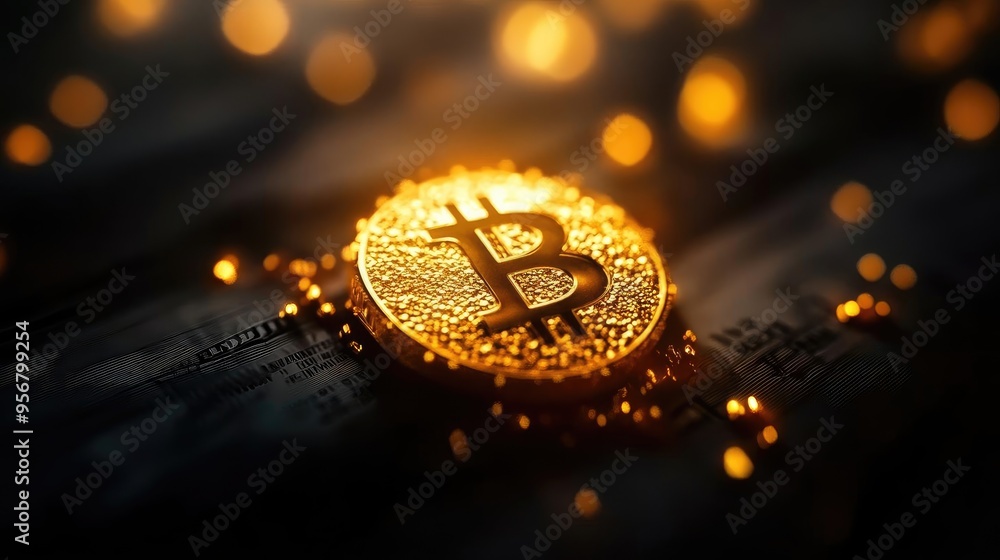 Poster a close-up view of a shiny bitcoin coin surrounded by sparkling golden particles, symbolizing crypto