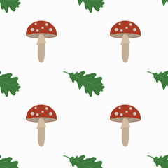 Vector illustration of fly agaric mushroom and oak leaves
