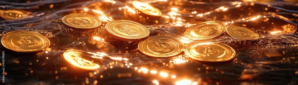Poster shimmering gold coins submerged in water, reflecting light and creating a mesmerizing display of wea