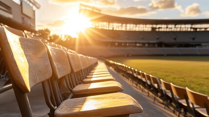 Fototapeta premium Stadium seating bathed in warm, golden afternoon sunlight, empty aisles creating a sense of vastness and calm