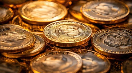 A close-up view of shiny gold coins arranged closely, showcasing their intricate details and reflecting warm light.