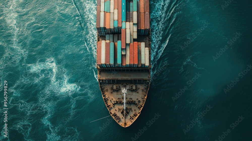 Poster bird-eye view of a large cargo ship with containers stacked on deck, moving through the ocean. captu