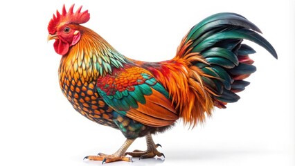 Fototapeta premium A beautiful Wyandotte chicken with shiny feathers and vibrant plumage stands alone on a white background, showcasing its stunning natural colors and gentle demeanor.