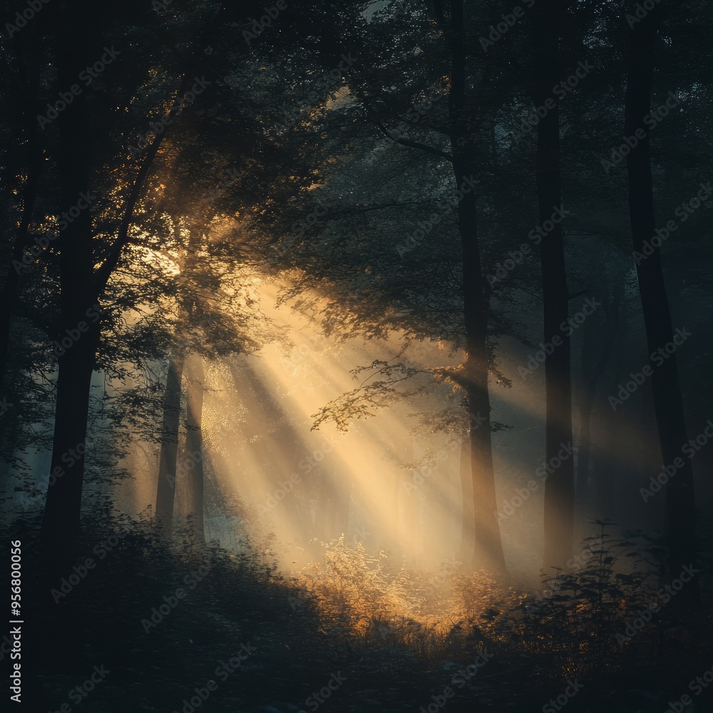 Poster Golden sunlight beams through a misty forest at dawn.