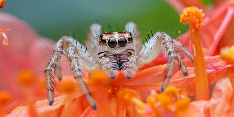A closeup of a crab spider waiting for its prey with green blur background 