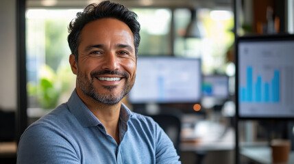 Fototapeta premium Hispanic Businessman, A confident Hispanic businessman is smiling at the camera while analyzing data in a modern office setting