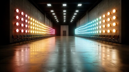 Vibrant neon stadium lights in rainbow colors, no people, symmetrical shot from the center aisle, surreal atmosphere