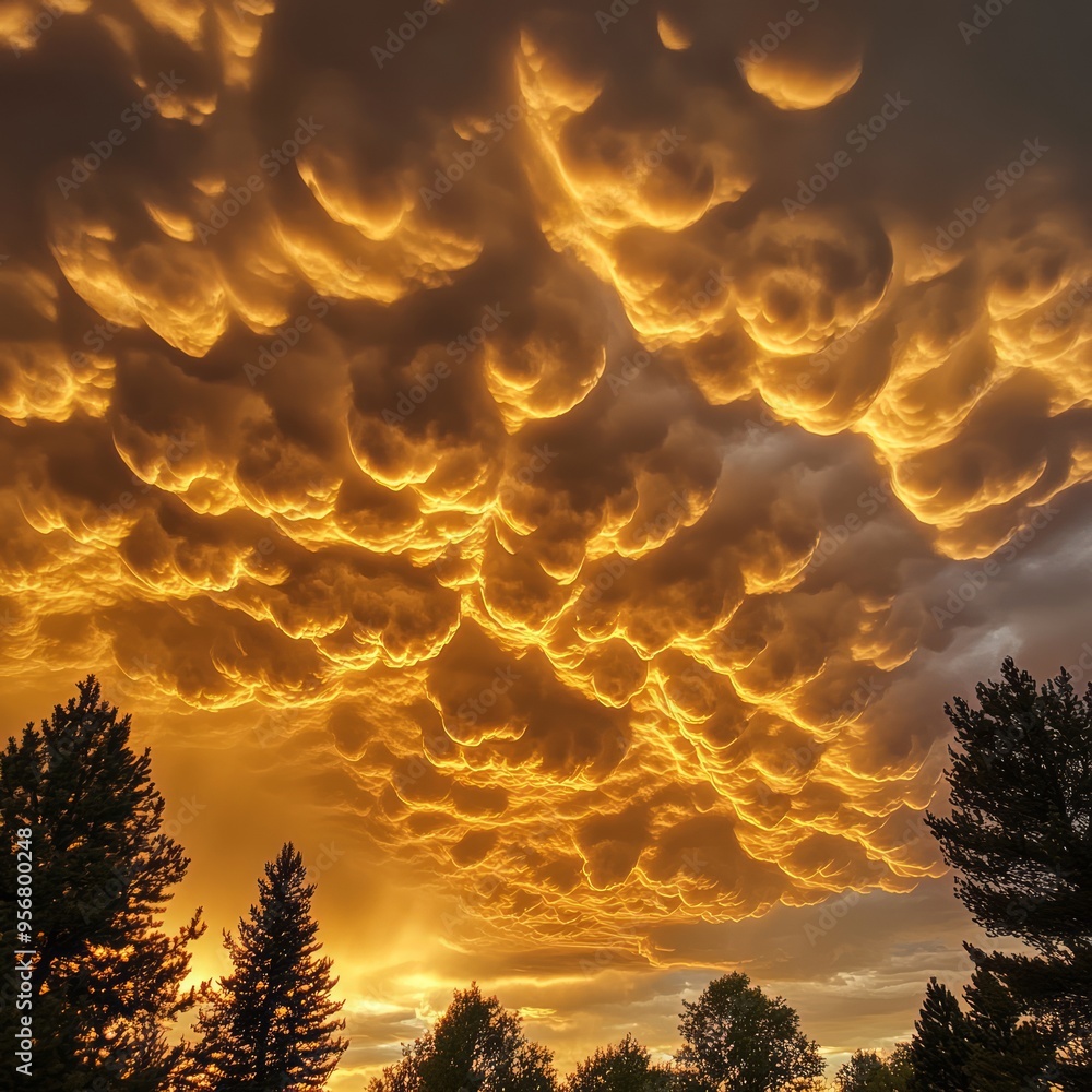 Wall mural Golden sunset clouds with a dramatic, textured sky.