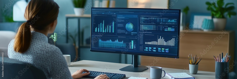 Poster An expert concentrates on complex data analysis, surrounded by a well-organized desk with a computer, notepad, and coffee mug. Generative AI