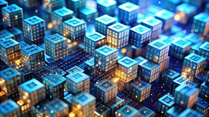 Obraz premium A blurred background with countless tiny cubes each labeled with a GB symbol, conveying the concept of vast digital storage capacity and data overflow.