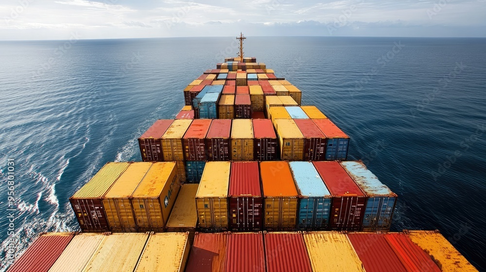Poster bird-eye view of an expansive container cargo ship fully loaded with freight, traversing the open se