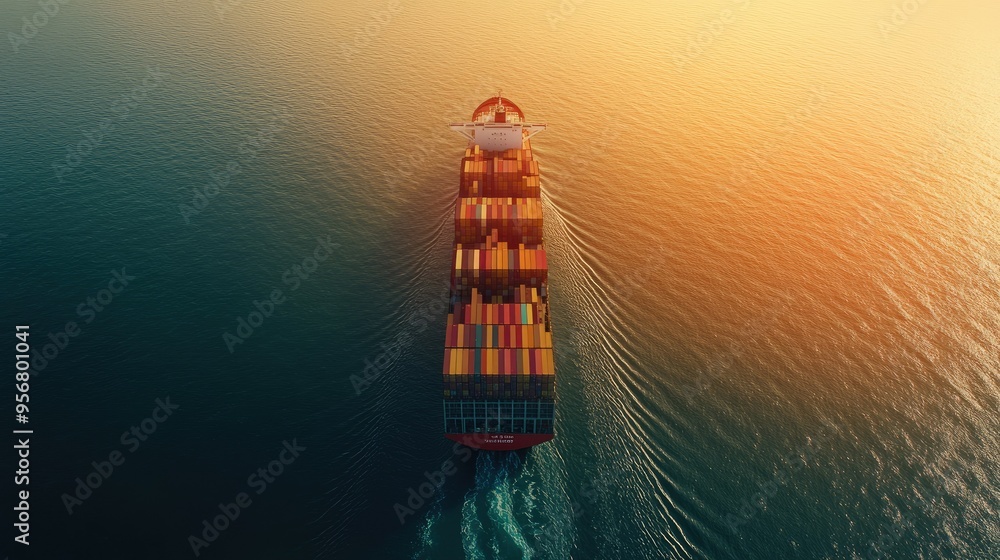 Poster bird-eye view of an expansive container cargo ship fully loaded with freight, traversing the open se