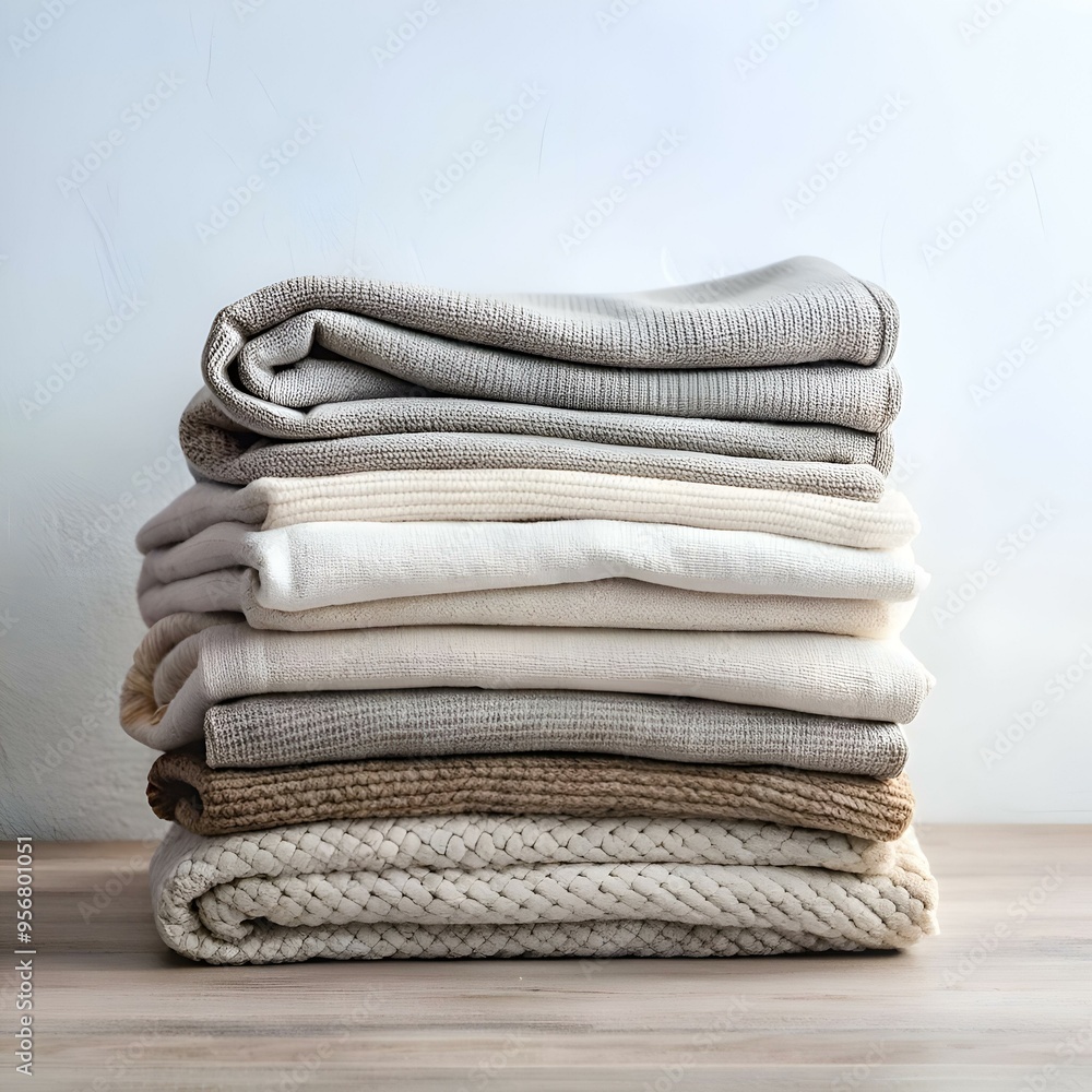 Poster a neat stack of soft. textured blankets in a variety of neutral colors. perfect for adding a cozy an