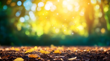 A serene forest floor with scattered leaves and soft sunlight filtering through trees, creating a magical atmosphere.