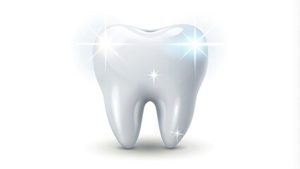 A bright, white tooth icon with a slight smile and subtle sparkle, set against a clean, white background, perfect for dental or health-related designs.